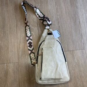 Amie B. and Me Cream Leather Sling Crossbody Bag with Aztec Patterned Strap